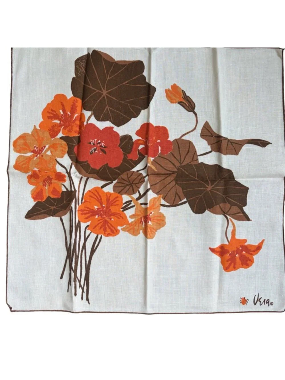 Vintage Vera Neumann Floral Napkins Set Of 4 White Orange Brown Cotton Ladybug